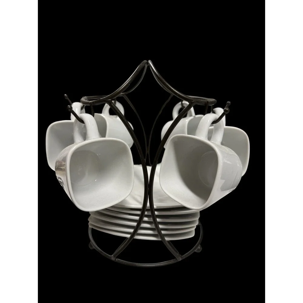B. Smith White Set For 6 Espresso Demitasse Cups & Saucers W/Storage Rack Coffee